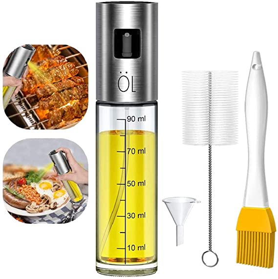 Olive Oil Sprayer for Cooking, 4 IN 1 Oil and Vinegar Dispenser Set with Glass Bottle and Stainless Steel, 100ml Portable Olive Oil Dispenser with Basting Brush,Bottle Brush and oil Funnel For Kitchen Cooking,Baking,Grilling,BBQ,Salad,Bread