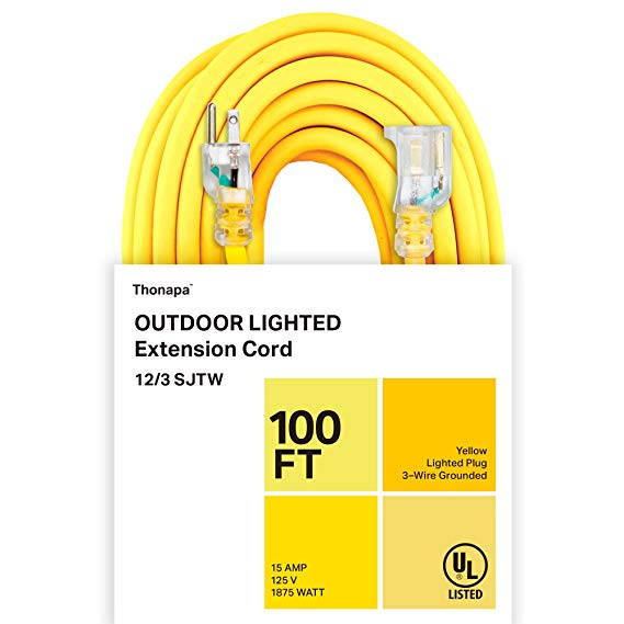 Thonapa 100 Foot Outdoor Extension Cord - 12/3 Heavy Duty Yellow Extension Cable with 3 Prong Grounded Plug for Safety - Great for Garden and Major Appliances