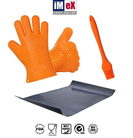 iMeX Shop Online Pot Holders & Five Finger Barbecue Gloves Basting Brush and Grill Mat Best BBQ Accessories Perfect Barbecue Tools and Ideal Barbecue Gift Set Easy to Clean & Dishwasher Safe