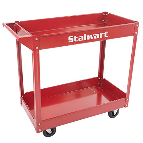 Metal Service Utility Cart, Heavy Duty Supply Cart with Two Storage Tray Shelves- 330 lbs Capacity By Stalwart (Red)
