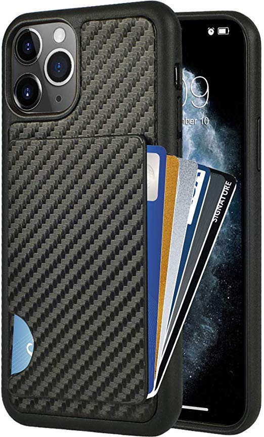 iPhone 11 Pro Max Wallet Case, iPhone 11 Pro Max Card Holder Case, ZVEdeng Credit Card Holder ID Card Clip Case Carbon Fiber Wallet Slim Protective Case Cover for Apple iPhone 11 Pro Max 6.5'' Black