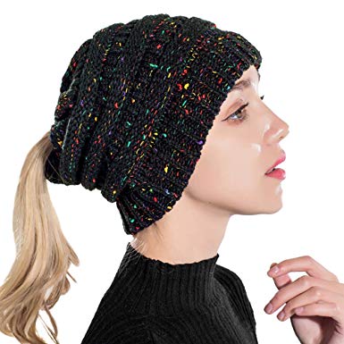 Taidor Messy Bun Ponytail Beanie Hat Colored Dots Cable Knit Cap Women Girls Winter