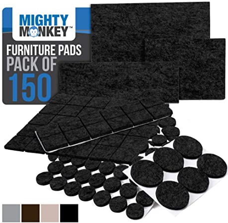 MIGHTY MONKEY Felt Furniture Gripper Pads, 150 Pack, Easy Glide, Stays on Furniture, Pad Prevents Scratches on Floors, Prescored Adhesive Strips Secure to Furniture, Heavy Duty, Protects Floor, Black