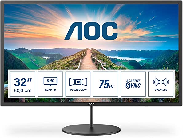 AOC Q32V4 - 32 inch QHD Monitor, 75Hz, 4ms, IPS, Adaptive Sync , speakers , FlickerFree (2560x1440@ 75Hz, 250 cd/m², HDMI 1.4 x 2, DisplayPort 1.2 x 1)