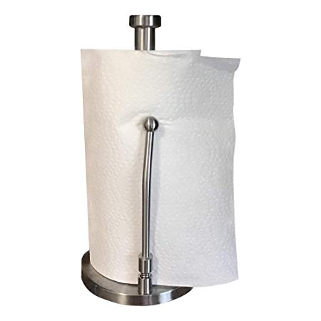 Best Stainless Steel Kitchen Paper Towel Holder Stand - Tension Spring Arm for Easy Roll of 1  Sheets - Perfect Tear Dispenser Tension Arm, Weighted Anti-slip Base Countertop Model