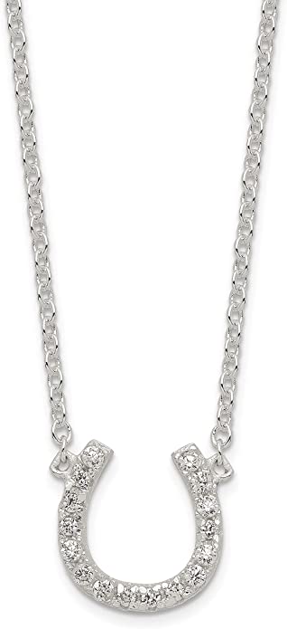 Sterling Silver Polished CZ Horseshoe 1 Inch Ext Necklace 10x14mm 16 Inches