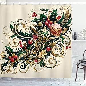 Ambesonne Christmas Shower Curtain, Traditional Xmas Berries Toyon and Globes Ornate on Plain Backdrop, Cloth Fabric Bathroom Decor Set with Hooks, 69" W x 70" L, Beige Green and Vermilion