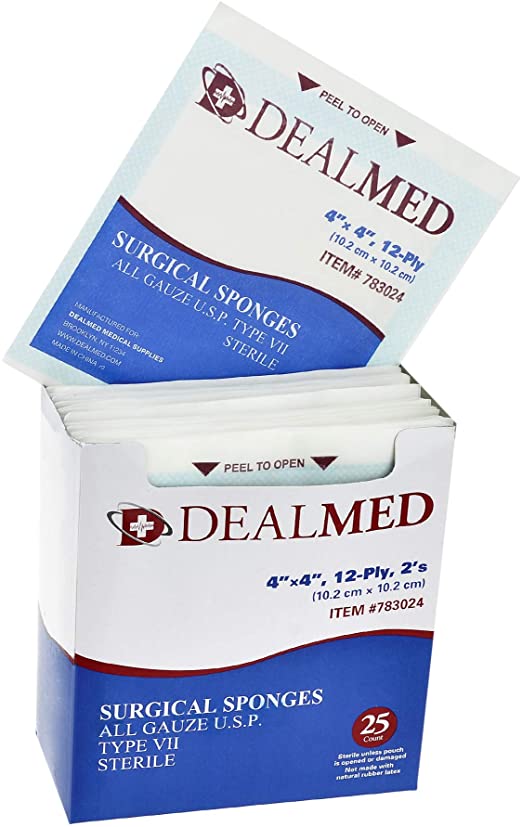 Dealmed Brand Sterile Gauze Pads for Protection of Minor Scrapes, Cuts & Burns, Non-Adhesive & Wound Care Dressing Pads, 12-Ply, 4 in. x 4 in, 25/Box
