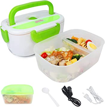 TLOG Electric Lunch Box, Portable Food Heater for Car and Home Dual Use, 1.5L BPA Free Food Grade Material Food Warmer with Spoon and 2 Compartments (Green)