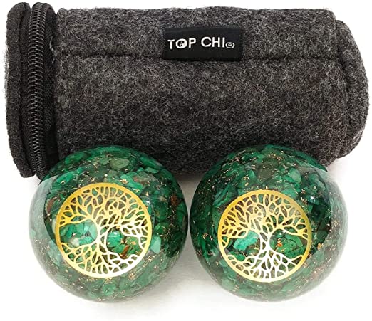 Top Chi Natural Malachite Orgonite Baoding Balls with Carry Pouch for Hand Therapy, Exercise, and Stress Relief (Medium 1.6 Inch)