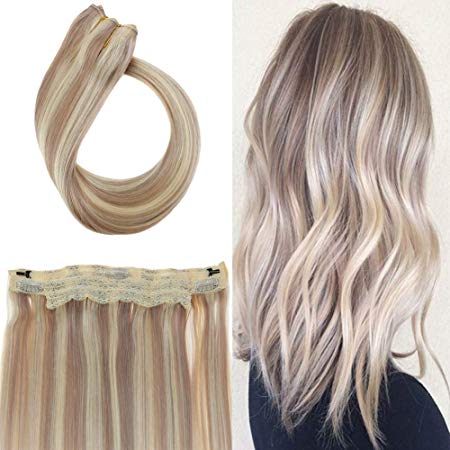 Youngsee 16 inch Invisible Wire Secret Halo Hair Extensions Human Hair Ash Blonde Highlight with Bleach Blonde No Glue Hair Flip on Hair Extensions 12inch Width 80g/pack