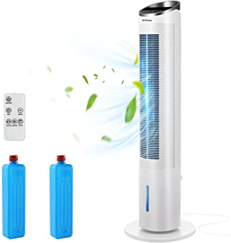 MVPower Tower Fan with Remote Control and Water Cooling, Mobile Air Conditioner, Air Cooler, Quiet Standing Fan with 3 Speed Levels, 50 ° Oscillating, Sleep Modes, 1-8h Timer, 101 CM