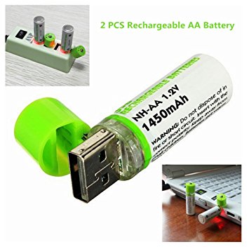 NH AA Battery & Integrated USB Charger Rechargeable 1450mAh 1.2V (2 Pack)