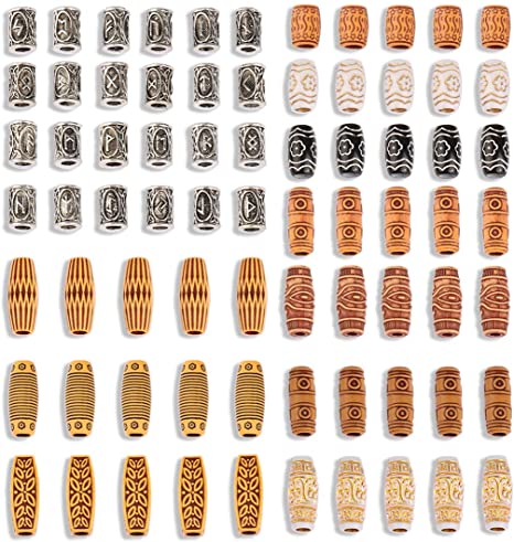 Messen 74 Pieces Hair Tube Beads Metal Dreadlocks Beads Viking Beard Bead Dreadlocks Tubes Imitation Wood Beads DIY Hair Braid Rings Jewelry for Dreadlocks Accessories