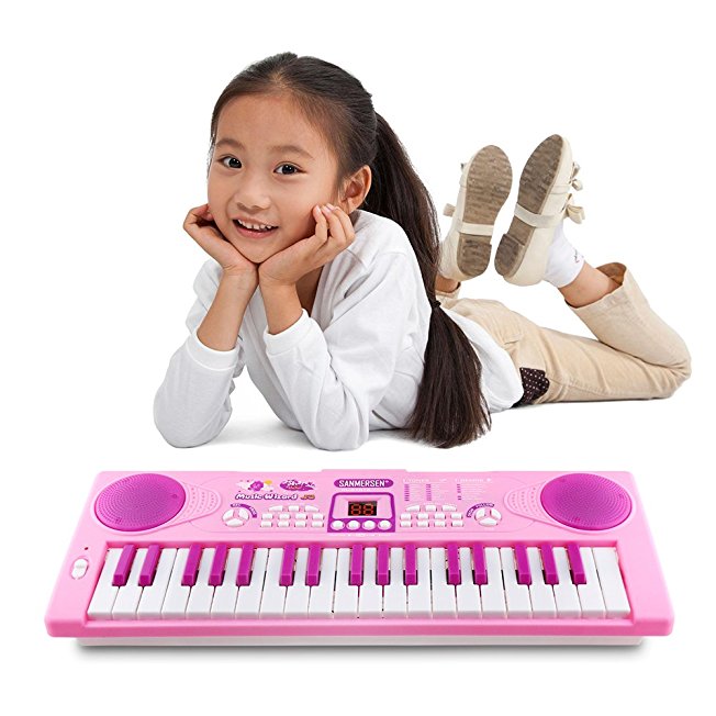 Sanmersen Kids Piano Keyboard 37 Key Multi-function Portable Electronic Digital Piano Play with Double Speakers Colorful Lights Educational Toy for Toddlers Children (Pink)