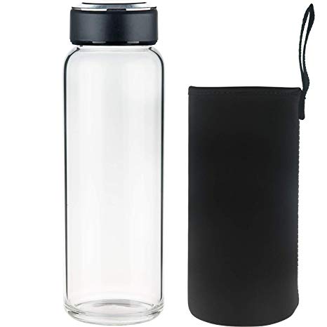 SHBRIFA Borosilicate Glass Water Bottle 18oz / 32oz, BPA Free Glass Drinking Bottle with Neoprene Sleeve and Leak-Proof Lid