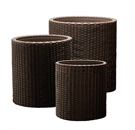 Keter Round Cylinder Plastic Rattan Resin Garden Flower Plant Planters Decor Pots 3 pc Set, assorted sizes, Brown