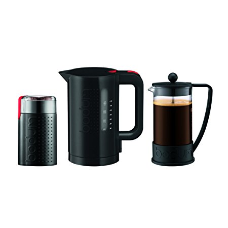 Bodum K10938-01US Brazil Set, French Press 8 Cup Coffee Maker, Electric Coffee Blade Grinder & Electric 34 oz. Water Kettle, , Black