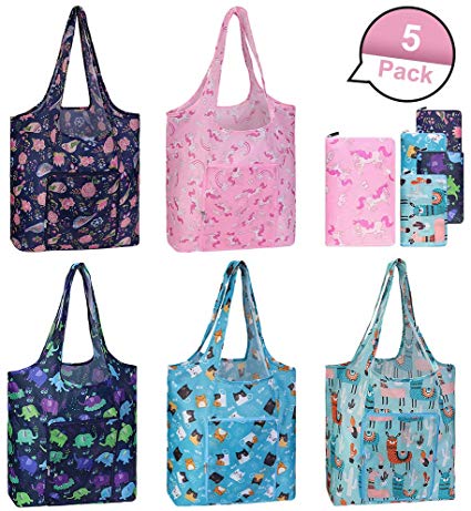 Reusable Grocery Bags Washable Foldable Cute Animal Printing 5 Pack,Heavy Duty Tote Bags With Zip Pouch Attached,Made of ECO Friendly Oxford.