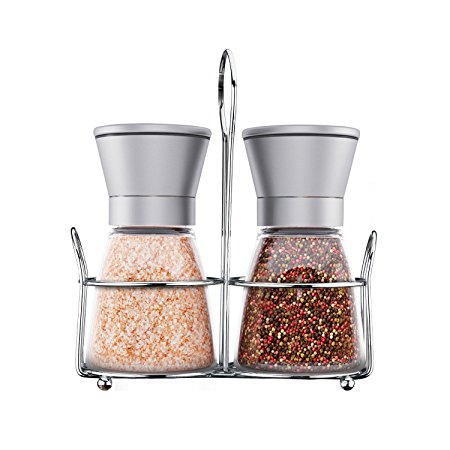 Culina Tools Salt And Pepper Grinder Set with Matching Stand, Brushed Steel, Glass Body and Adjustable Salt And Pepper Mills - Set of 2