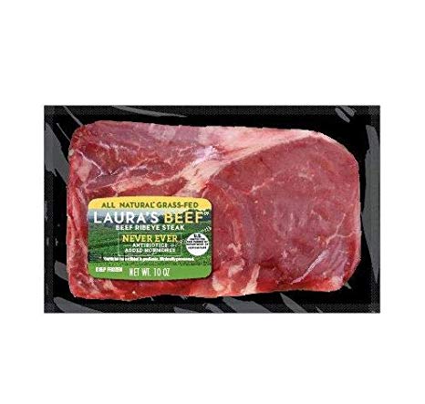 Laura's Lean Grass Fed Natural Ribeye Steaks 10oz - 4 per case, no added hormones or antibiotics ever, humanely handled, frozen, bulk pack
