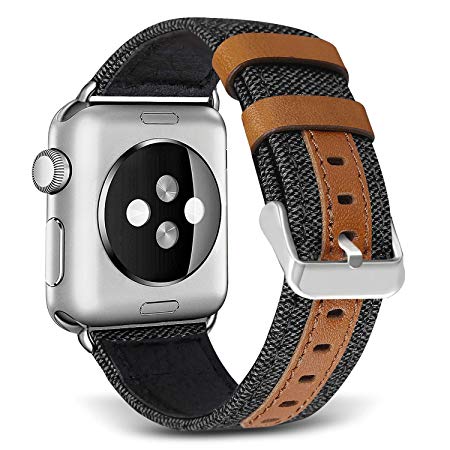 SKYLET Bands Compatible with Apple Watch, 38mm/42mm Canvas Fabric Genuine Leather Straps with Metal Clasp Compatible with Apple Watch Series 4 40mm/44mm Series 2 Series 1 Series 3 Edition (No Tracker)