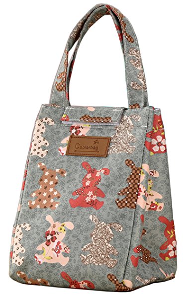 WOOSAL Fold-over Insulated Lunch Bag with Handle and Velcro Closure,Cartoon Rabbits Lunch Box Tote Cooler Bag for Picnic School Travel (Rabbits)