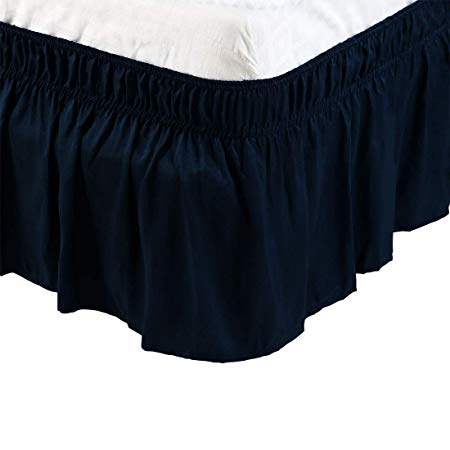 PICCOCASA Brushed Polyester Bed Skirt Wrap Around Three Fabric Sides Elastic Dust Ruffle, Easy Fit Wrinkle - with 15 Inch Drop Navy Blue Double