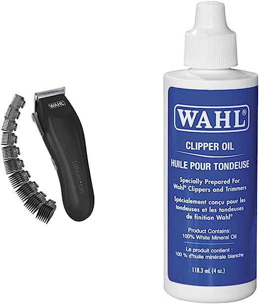 Wahl Clipper Lithium-ion Cordless Haircutting Kit 79608 Cordless Rechargeable Grooming and Trimming Kit, 12 Guide Combs & Professional Clipper Oil #53315 Lubricates Blades, 118.3 ml (Pack of 1)