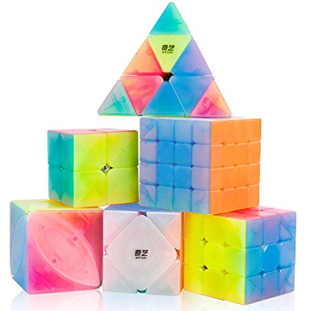 D-FantiX Qiyi Jelly Cube Set, 6 Pack Speed Cube Set 2x2 3x3 4x4 Pyramid Skewb Ivy Cube- Qiyi Qidi S Warrior W Qiyuan Qiming Puzzle Cubes Bundle for Kids Adults