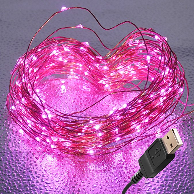 BrightTouch Pink LED String Lights - 100 Fairy Lights, Powered by USB, Bendable Copper Wire 33 feet/10M