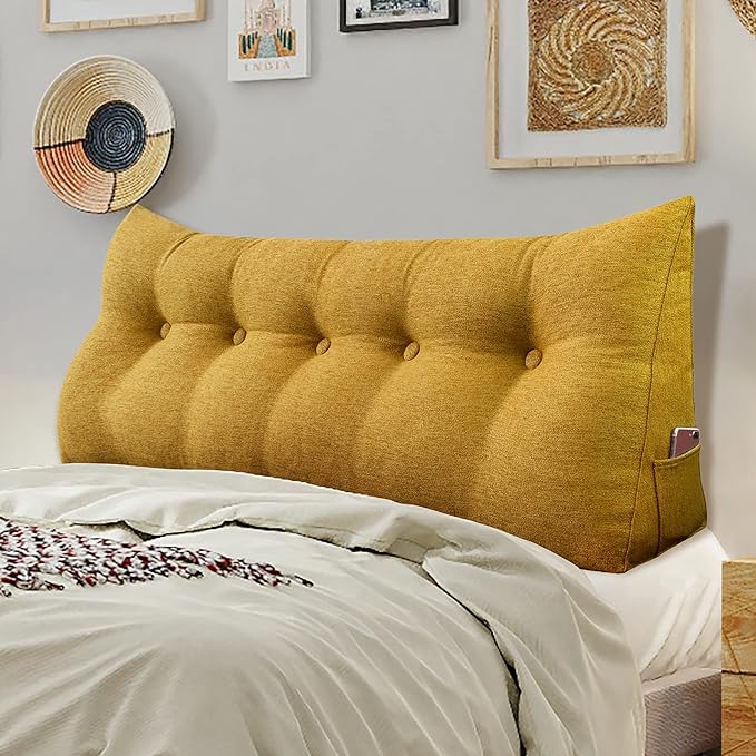 WOWMAX Multifunctional Upholstered Headboard Pillow Queen Size, Button Tufted Fabric headboards, Portable Padded Bed Backboard Removable and Washable Yellow