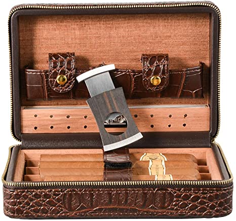 Volenx Travel Cigar Case, Portable Cigar Humidor Crocodile Leather Cigar Storage Case Wooden Box for 4 Cigars with Cigar Cutter