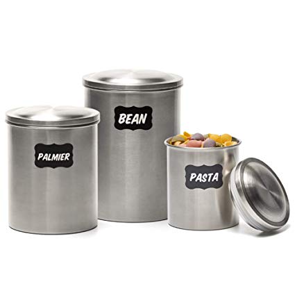 EZOWare 3 Piece Air Tight Stainless Steel Canister Kitchen Food Storage Can Container Jar Set with Lids and Labels for Tea Coffee Sugar Nuts Flour Food Grains Beans Pasta Cookies