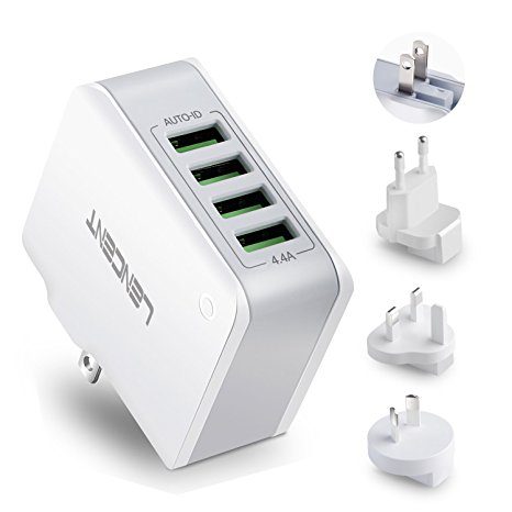 USB Charger Plug, Lencent 4-Port USB Universal Travel Adaptor, 22W/5V 4.4A Wall Charger Plug with UK/USA/EU/AUS Worldwide Travel Charger Adapter for iPhone, iPad, Android Phones, Tablets, Power Bank and More