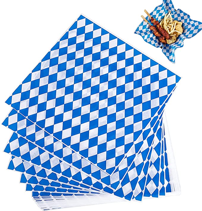 Watayo Blue&White Wax Checkered Food Wrapping Papers-Checkered Grease Resistant Liners for Oktoberfest Plasic Food Basket of Wrapping Bread and Sandwiches Restaurants, BBQs(100pcs)