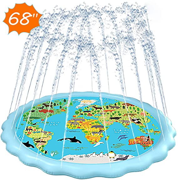 semai Splash Water Mat, 68'' Sprinkler Pool Pad 'World Animal Map' Wading Toys for Learning, Thickened Water Toys for 1 -12 Years Toddlers Baby Infant Kid Backyard Outdoor Party Game Swimming Play