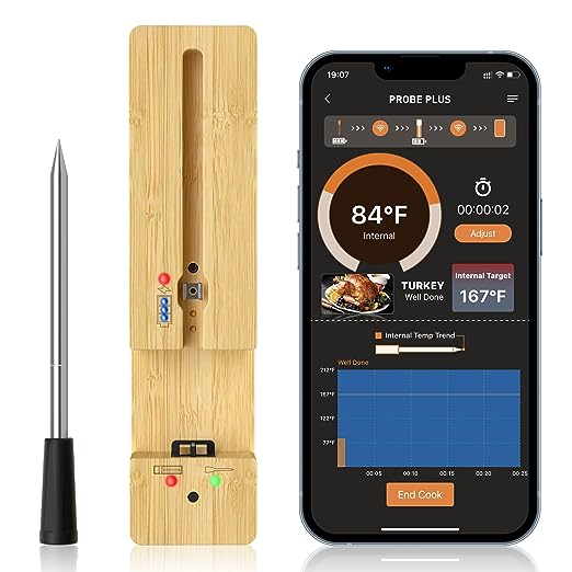 UPMSX 300FT Smart Meat Thermometer Wireless - Bluetooth Meat Thermometers for Grilling and Smoking, Probe Lasts Up to 16 Hours, Wireless Meat Thermometer Digital for BBQ Oven Grill Smoker Rotisserie