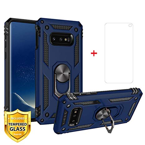 Case for Samsung Galaxy S10e, Galaxy S10e Phone case, Suordii Military Armor Dual Layer Cover with Tempered Galss Screen Protector, 360 Degree Ring Grip Holder Stand - Blue