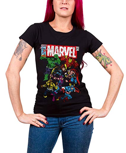 Marvel Comics T Shirt Team-Up new Official Womens Skinny Fit Black