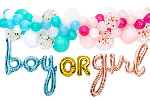 Gender Reveal Party Supplies Decorations – for Boy or Girl with Rose Gold & Blue Foil Balloons, Balloon Garland Decorating Strip with 76 Assorted Blue, Pink, Confetti Latex Balloons, and Hand Pump