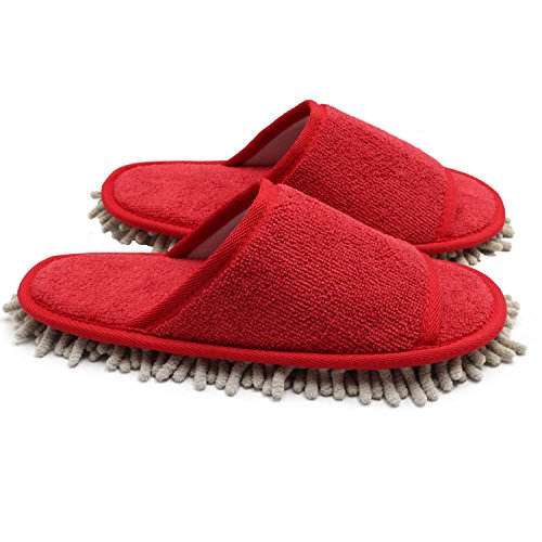 Ofoot Womens Microfiber Chenille House Open Toe MOP Slippers, Dust Floor Cleaning Slippers and Hand Towels,1 Set(1 PR Slipper & 1 pc Hand Towels) Multi-Colors 10 4/5"(Size 9-10)