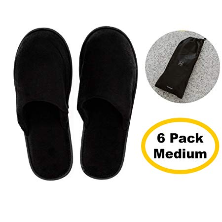 MODLUX Spa Slippers – 6 Pairs of Cotton Velvet Closed Toe Slippers (Medium Size) with Travel Bags – Thick, Soft, Non-Slip, Disposable Slippers – Home, Hotel, or Commercial Use (6 Pack Medium, Black)