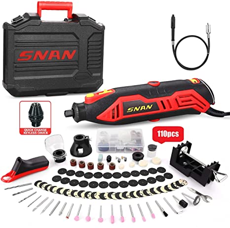 Rotary Tool Kit, SNAN Tool with MultiPro Keyless Chuck and Flex Shaft, 10000-35000RPM, 6 Variable Speed, 110 Accessories Ideal for Craft Projects, DIY Creations, Cutting, Engraving-SERTD02