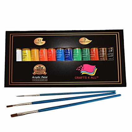 Acrylic paint 12 Set by Crafts 4 All For Paper,canvas,wood,ceramic,fabric & crafts.Non toxic & Vibrant colors.Rich Pigments With Lasting Quality - For Beginners, Students & Professionals artist