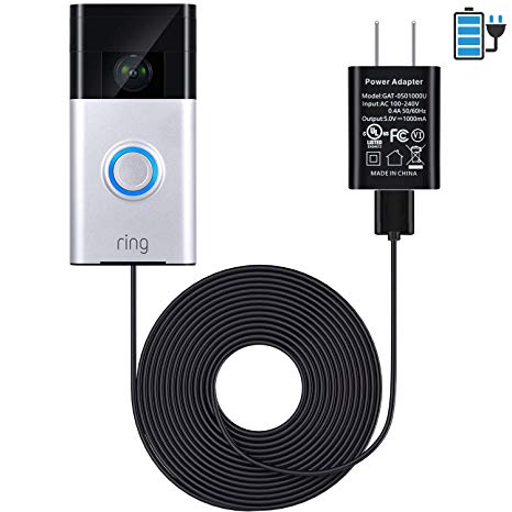 16 ft/ 5 m Charge Cable with DC Power Adapter Compatible with Ring Video Doorbell 1/2, Continuously Charging, No Need to Change the Batteries (for Ring Doorbell 1)