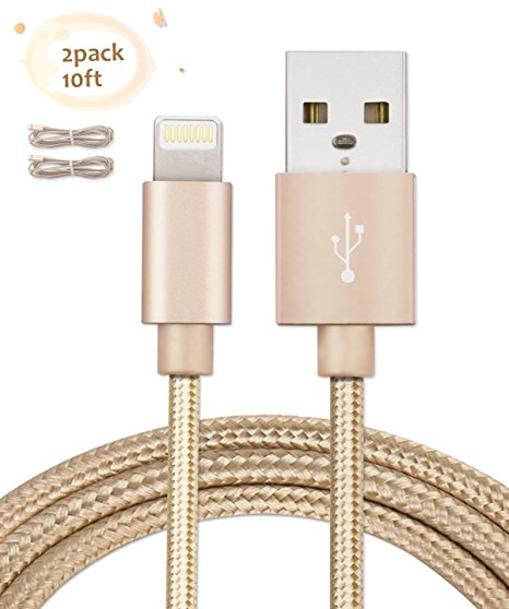 Alanda iPhone Lightning Cable, 2pack 10ft Nylon Braided Extra Long Lightning USB Charging Cable for iPhone 7 6s 6s Plus 6 Plus SE 6 5s 5c 5 iPad Mini Air 5 and iPod Compatible with iOS - Gold