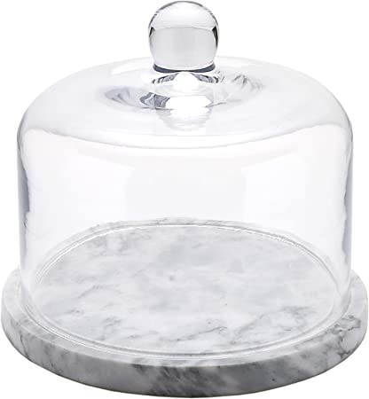 Kota Japan Premium Non-Stick Natural Marble Stone Cake and Dessert Plate Stand with Glass Dome Lid