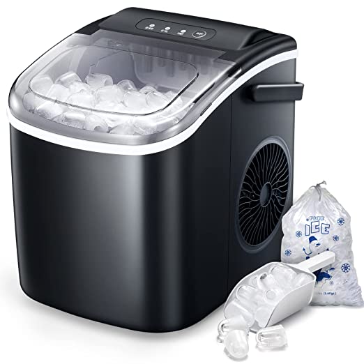 R.W.FLAME Ice Makers Countertop, Portable Ice Maker Machine with Self-Cleaning, 26.5lbs/24Hrs, 6 Mins/9 Pcs Bullet Ice, Ice Scoop and Basket, Handheld Ice Maker for Kitchen/Home/Office/Party,Black