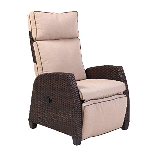 Grand Patio Indoor & Outdoor Wicker Recliner Chair with Thick Cushion and Side Table, Weather-Resistant Adjustable Reclining Chair, Brown